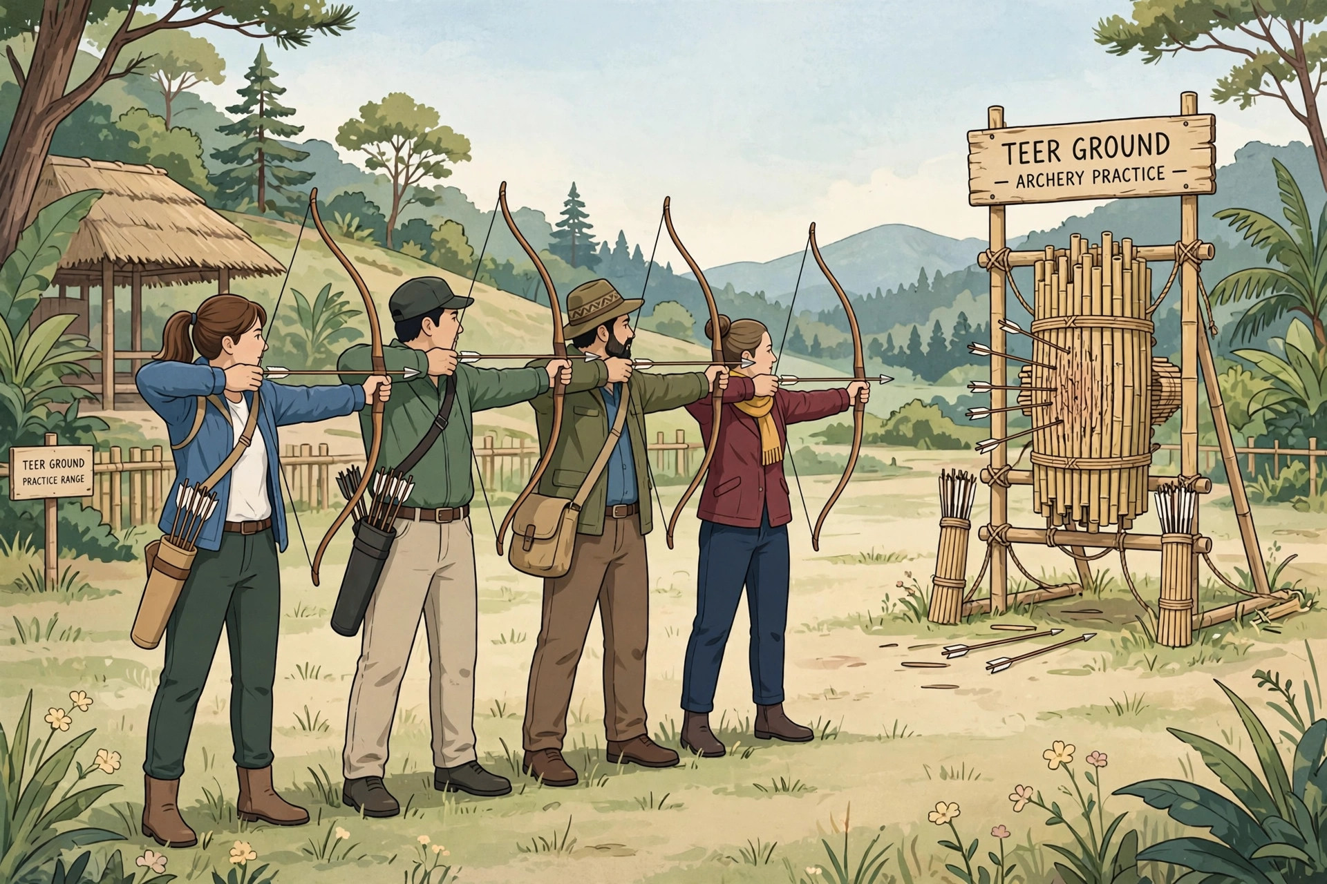 Archers at a Juwai teer ground preparing for the first round of shooting