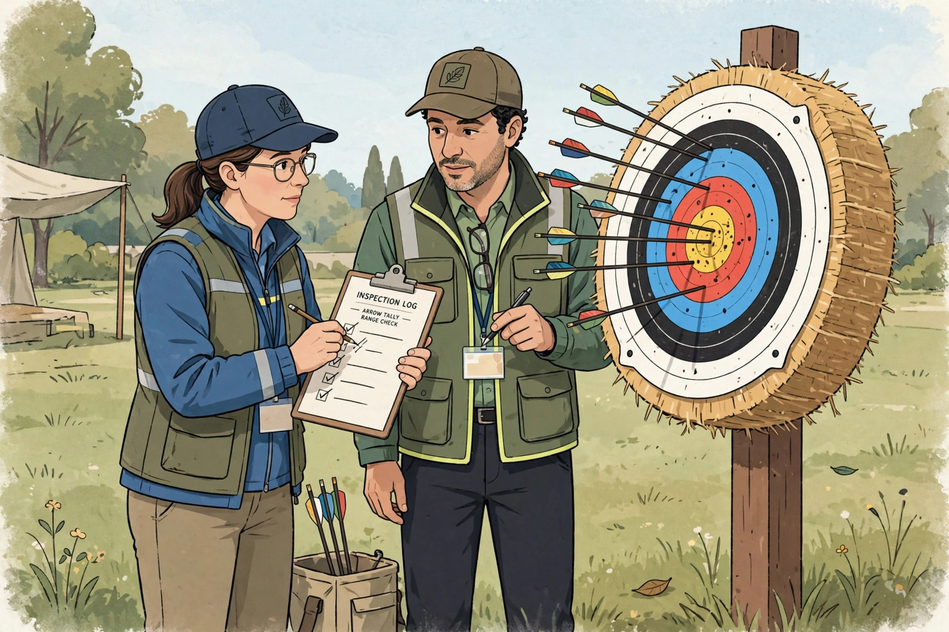 Officials counting arrows on the target during a juwai morning teer round