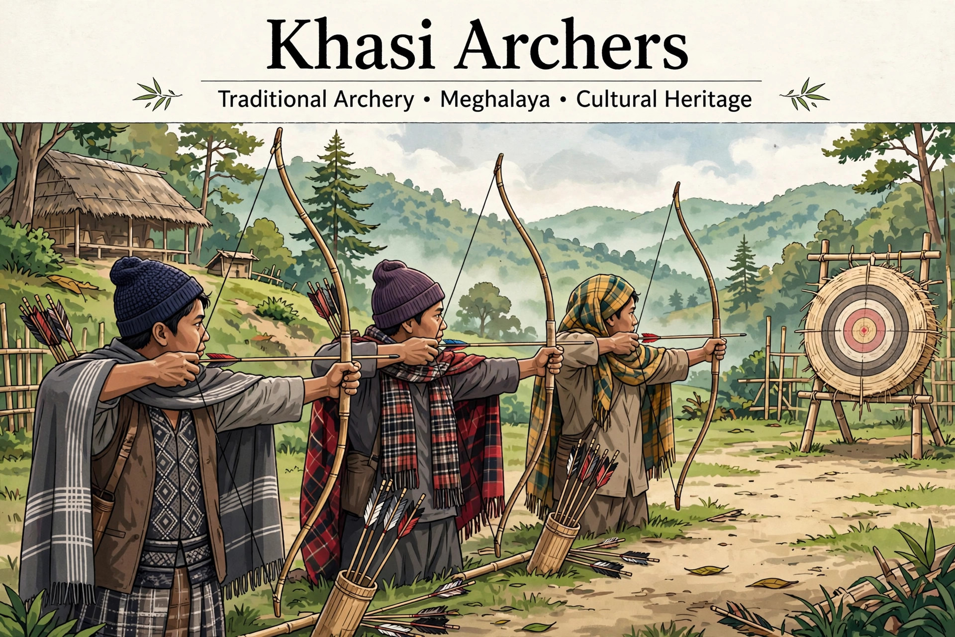 Archers shooting at a target during the traditional archery game behind Meghalaya teer